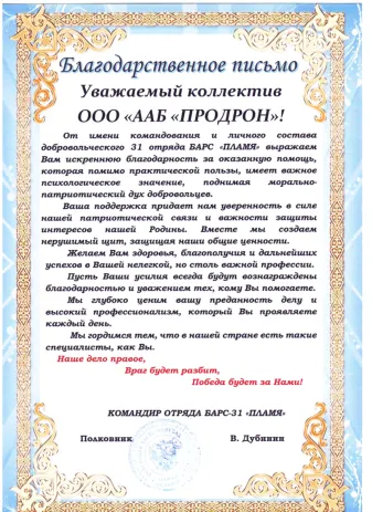 Благодарственное письмо от отряда БАРС-31 «Пламя»