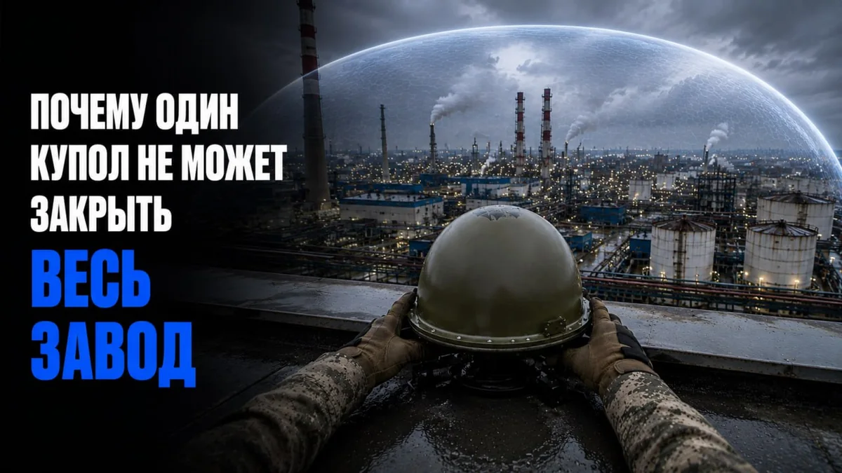Купольная защита над территорией нефтеперерабатывающего завода с резервуарами и трубами