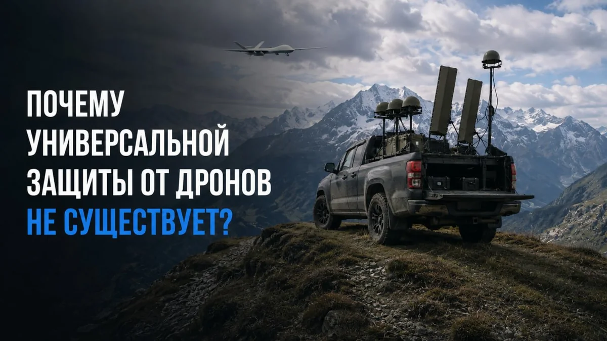 Мобильный комплекс РЭБ на пикапе в горах и беспилотник самолётного типа в небе
