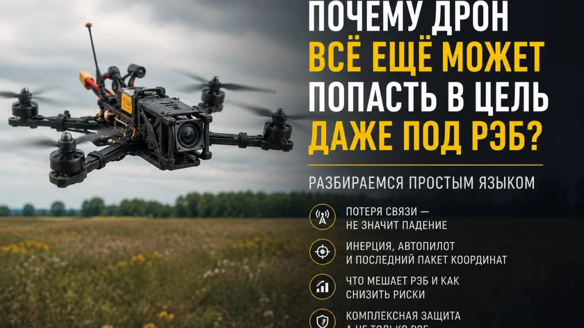 FPV-дрон в полёте над полем и перечень причин, по которым он продолжает лететь после подавления