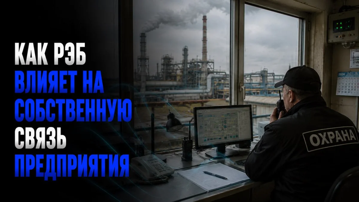 Оператор охраны с рацией в диспетчерской промышленного объекта, за окном — установки завода